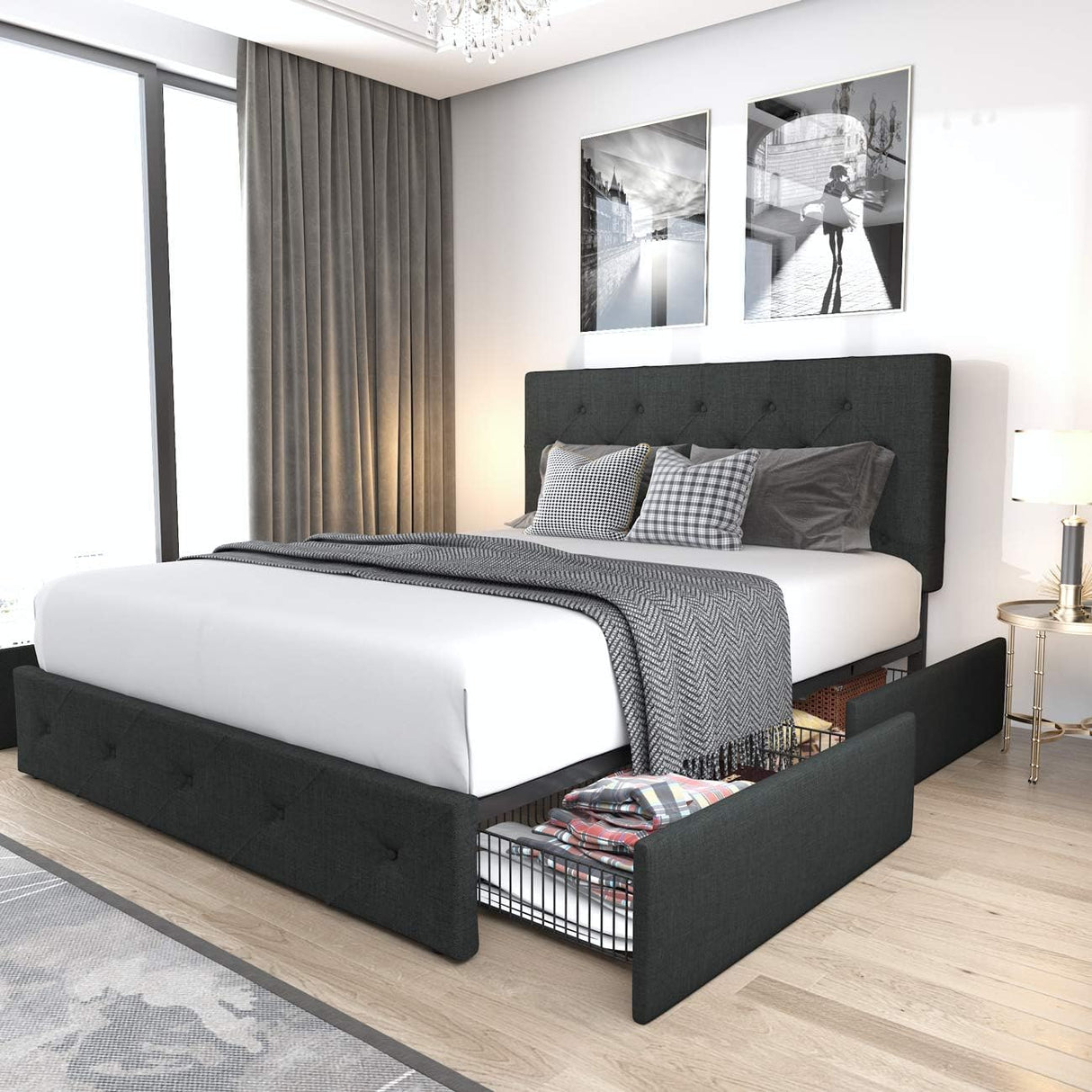 Upholstered Full Size Platform Bed Frame with 4 Storage