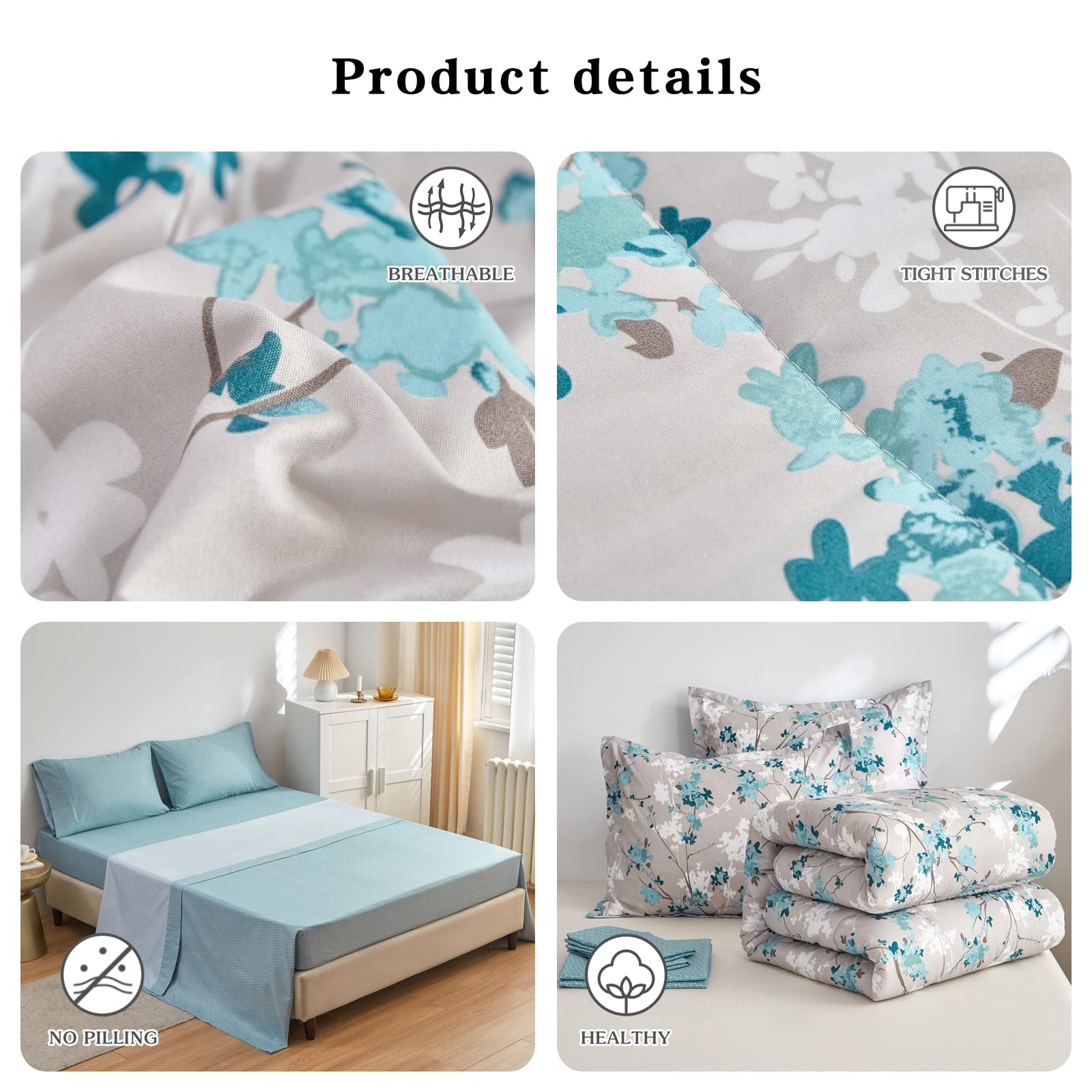 Gray Botanical Bed in a Bag Queen Size 7 Pieces