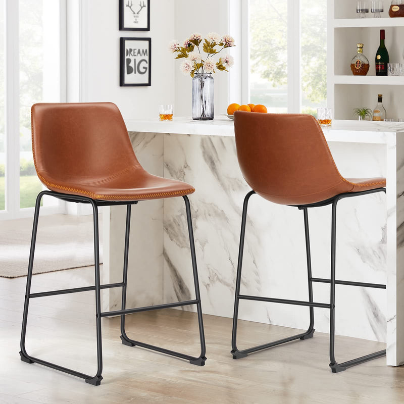 OLIXIS Counter Height Bar Stools, Bar Chairs, 26 inch Armless Dining Chairs with Metal Legs and Footrest, Modern Faux Leather Barstools for Kitchen Island, (Whiskey Brown, Set of 2)