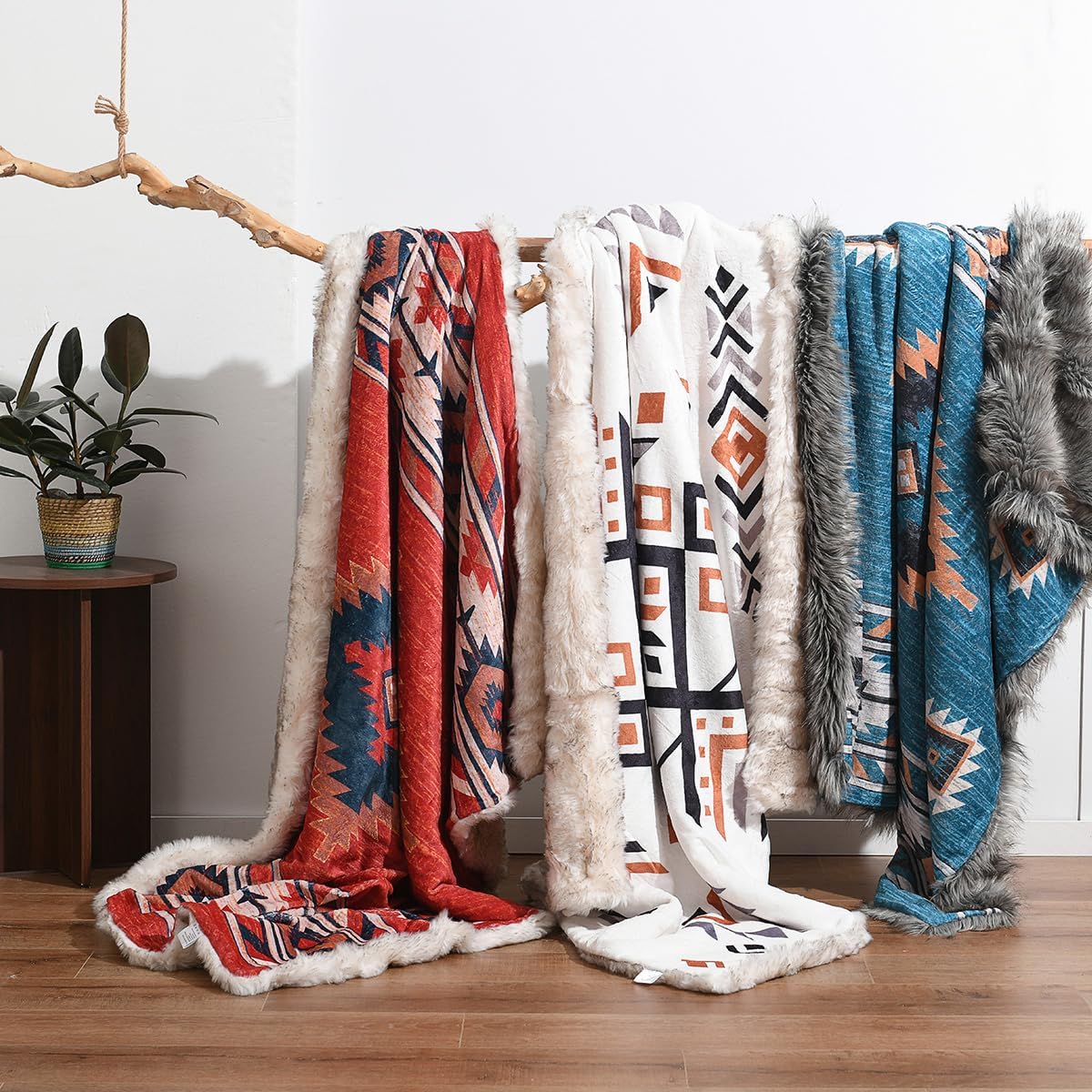 Luxury Plush Faux Fur Throw Blanket with Aztec Pattern, Super Warm, Fuzzy