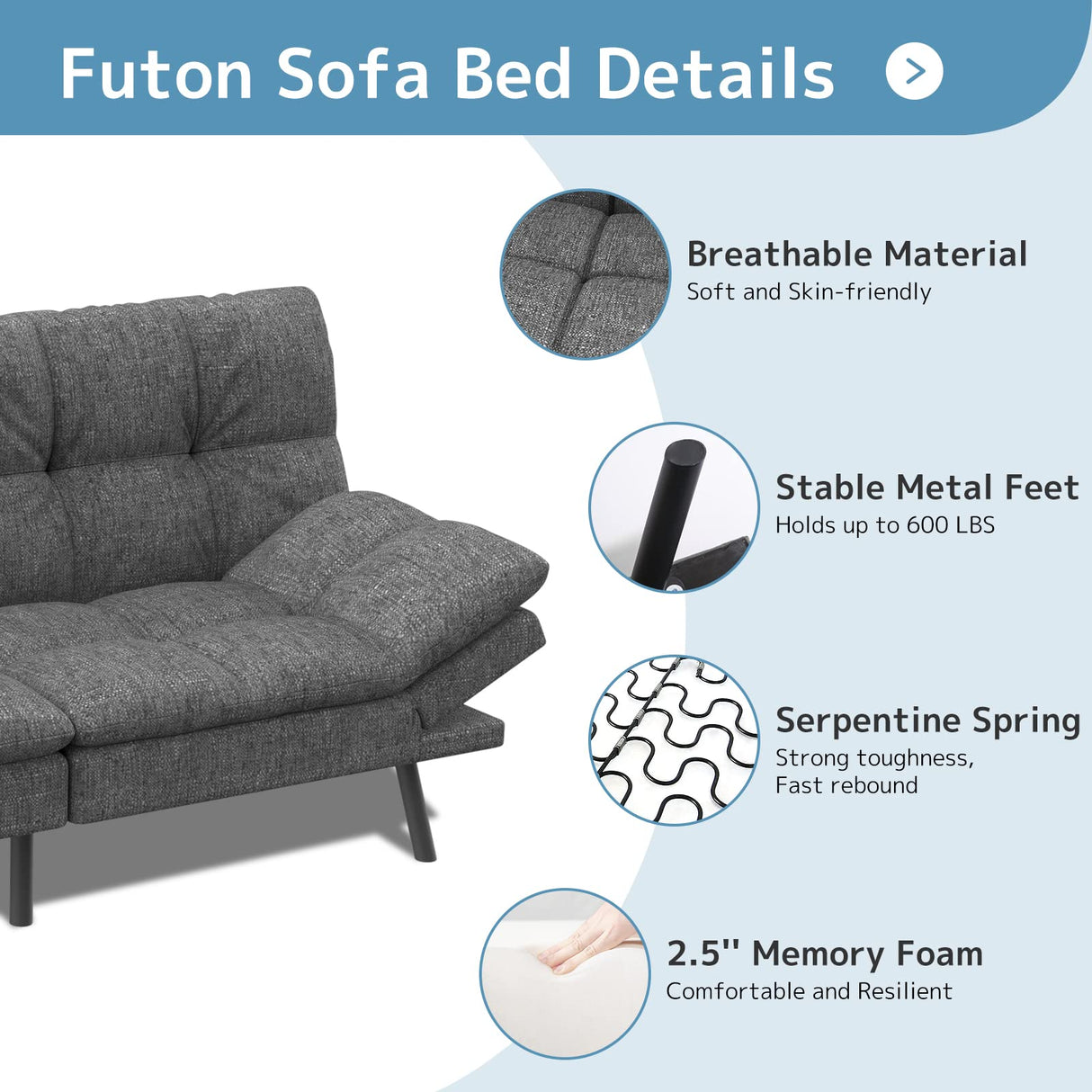 Futon Sofa Bed, Memory Foam Foldable Couch Convertible Loveseat Sleeper