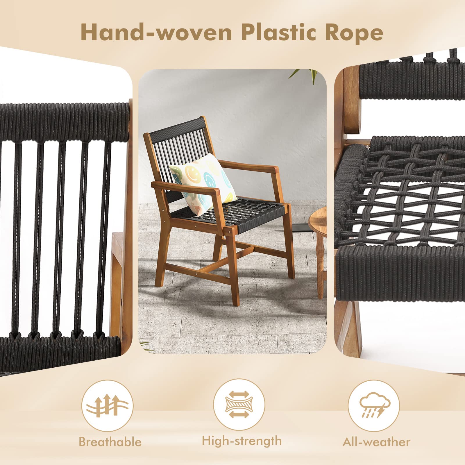 Outdoor Acacia Wood Dining Chairs Set of 4, All-Weather Rope Woven Patio Chairs