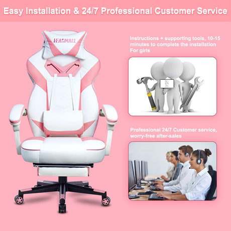 Pink Gaming Chair with Footrest Ergonomic OversizedVideo Game Chairs with Lumbar and Head Pillow, for Adults Teens Secret Lab Pink&White