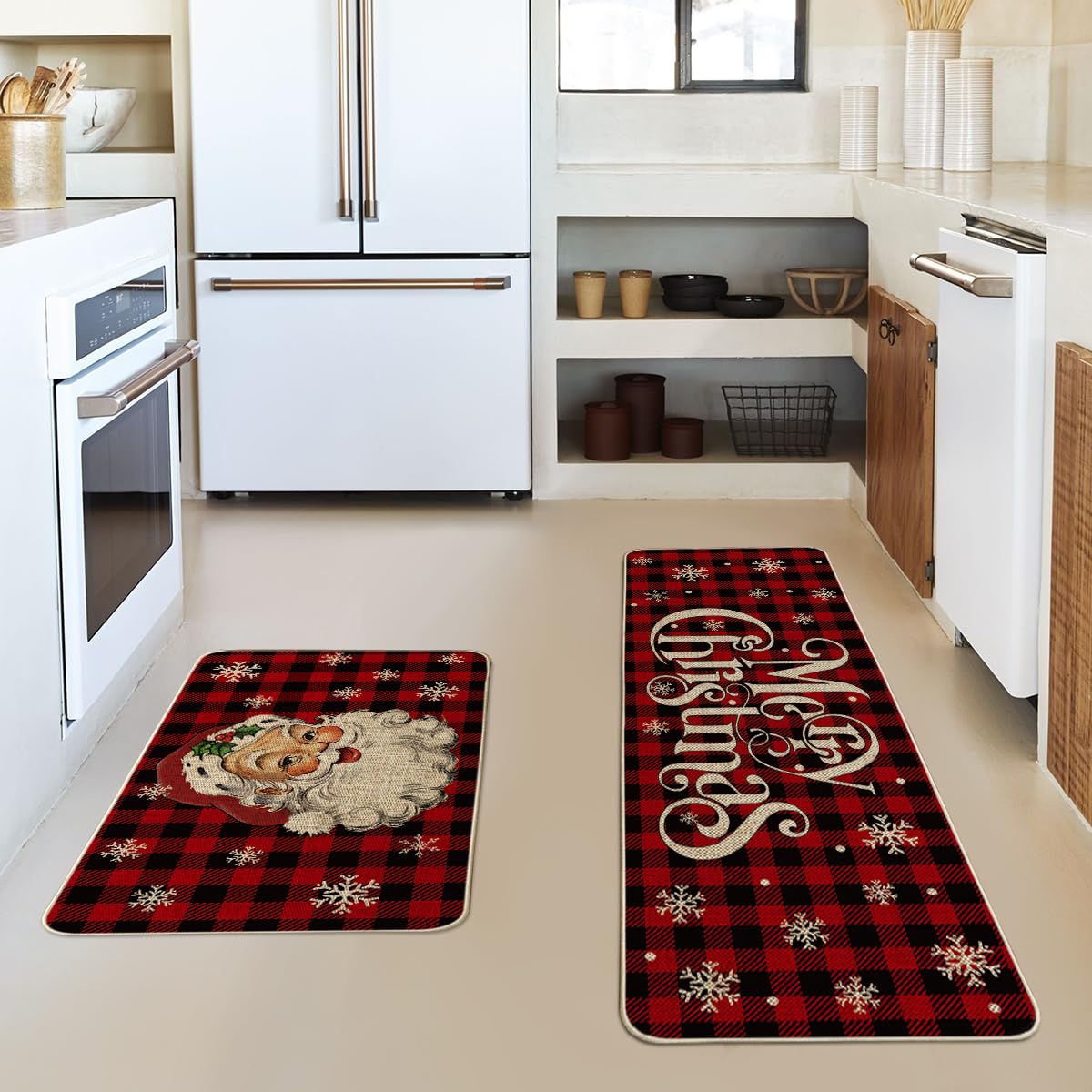 Buffalo Plaid Snow Santa Claus Christmas Kitchen Rugs Set of 2