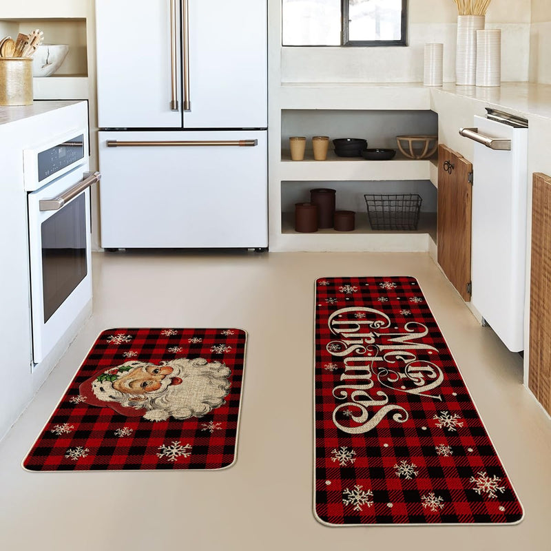 Buffalo Plaid Snow Santa Claus Christmas Kitchen Rugs Set of 2, Winter Low-Profile Floor