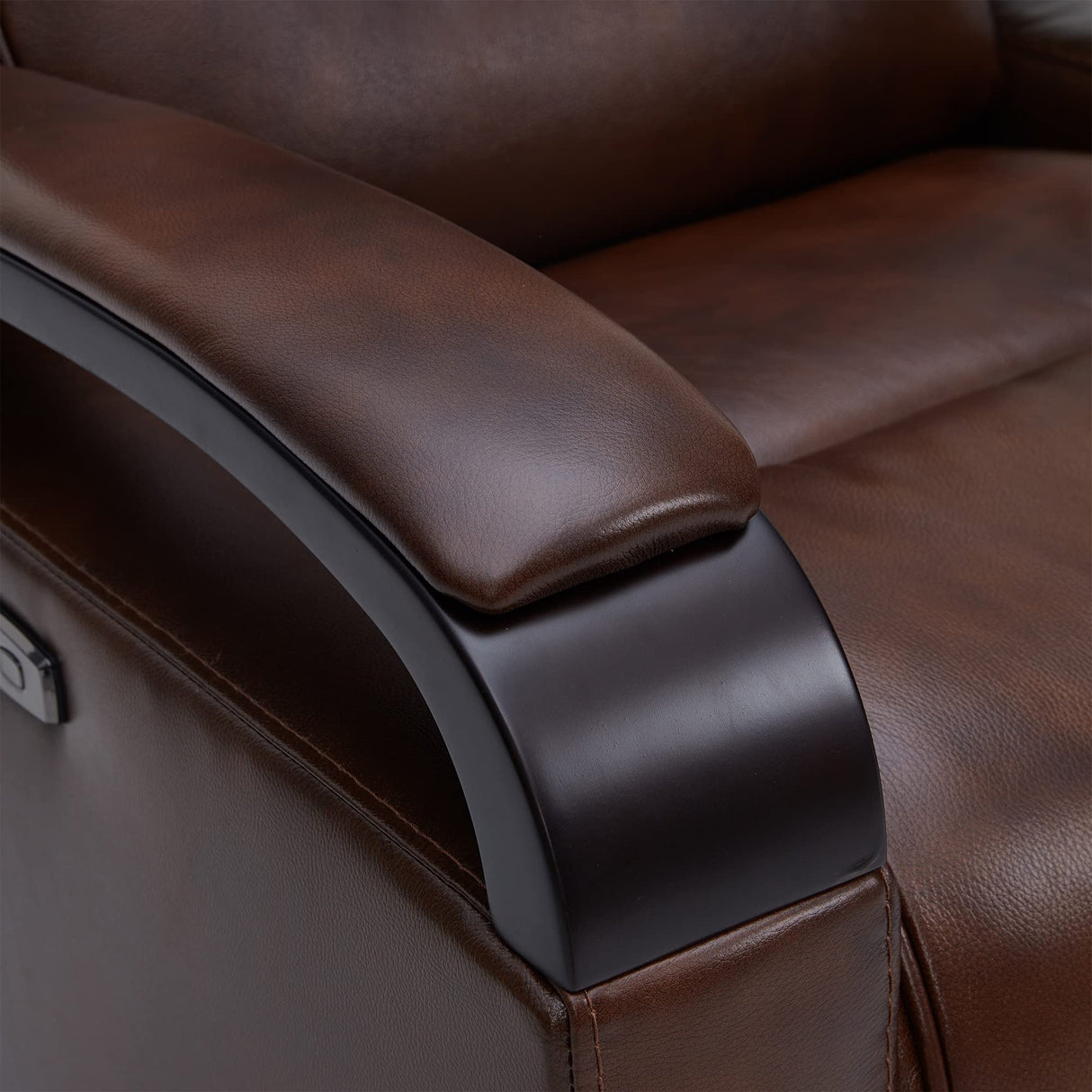 Genuine Leather Power Swivel Glider Rocker Recliner, USB Charge Power Headrest Wooden Contrast