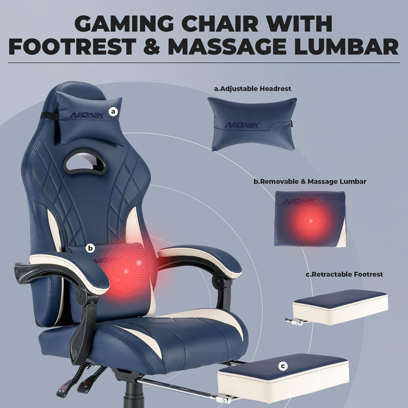 Gaming Chair with Footrest and Massage Lumbar Support