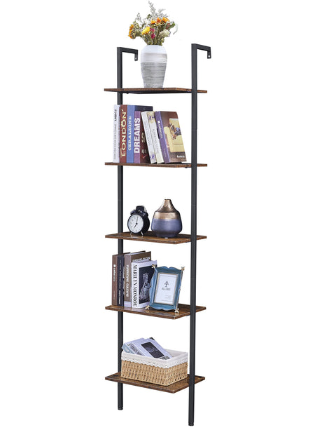 Industrial Bookcase, Ladder Shelf, 5-Tier Wood Wall Mounted Bookshelf