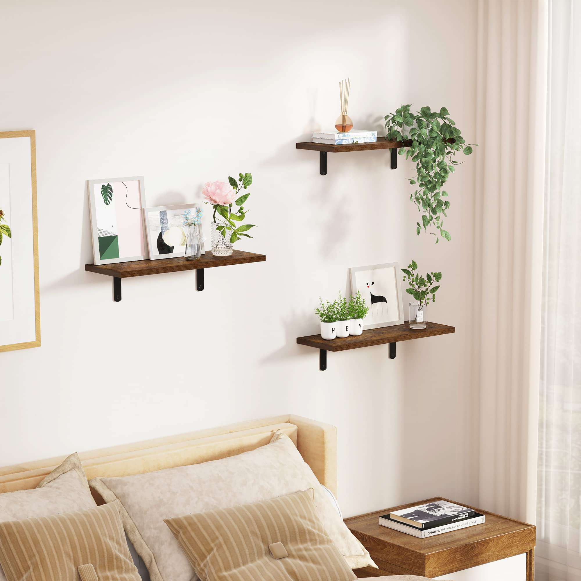 Floating Shelves for Wall Decor Storage, Dark Brown Wall Mounted Shelves Set of 5