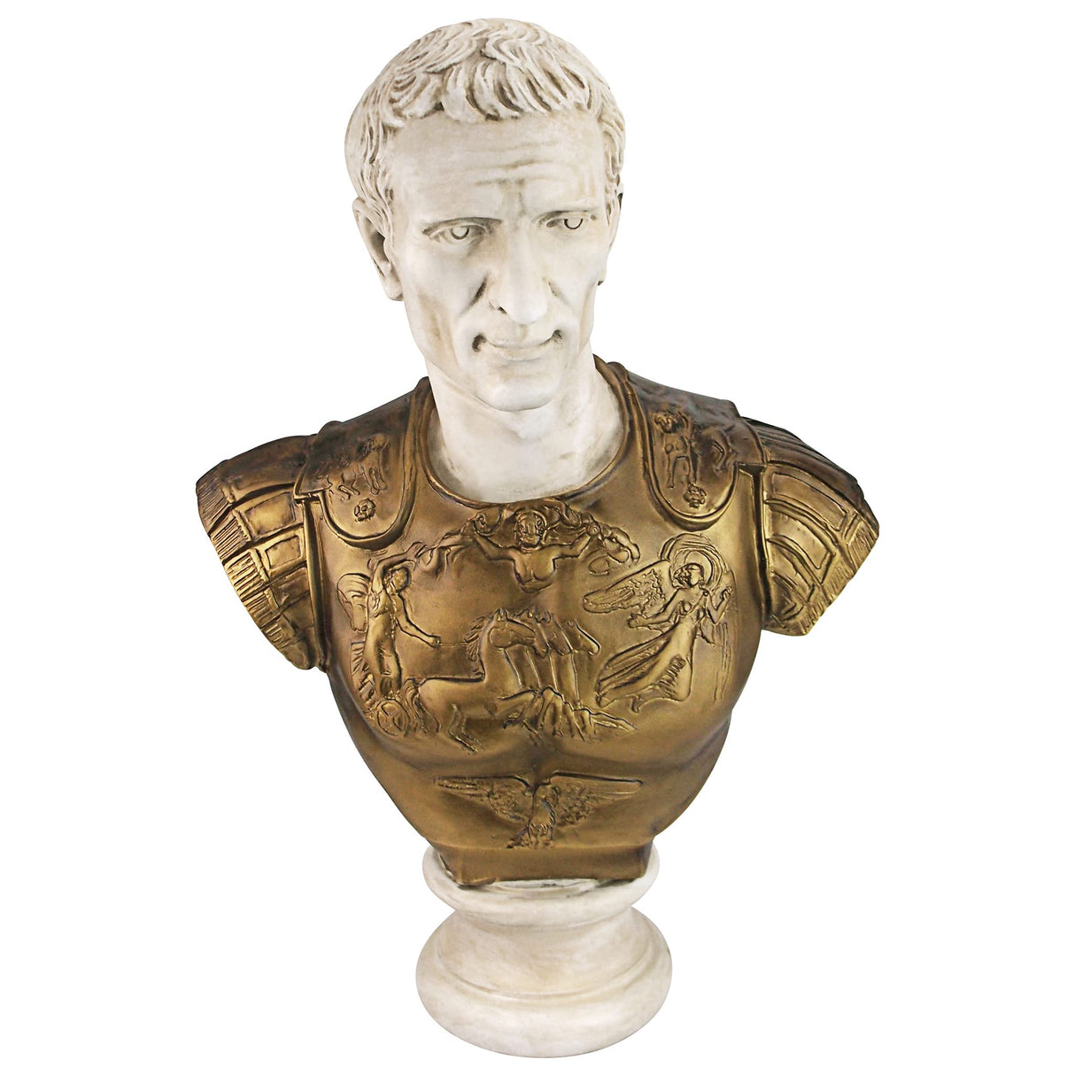 Julius Caesar in Armor Bust Statue, 27 Inch, Faux Bronze and Stone