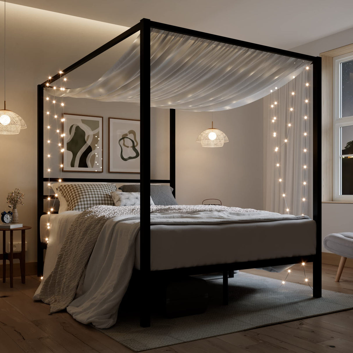 Full Size Metal Canopy Bed Frame, Modern Four-Poster Platform Bed Frame