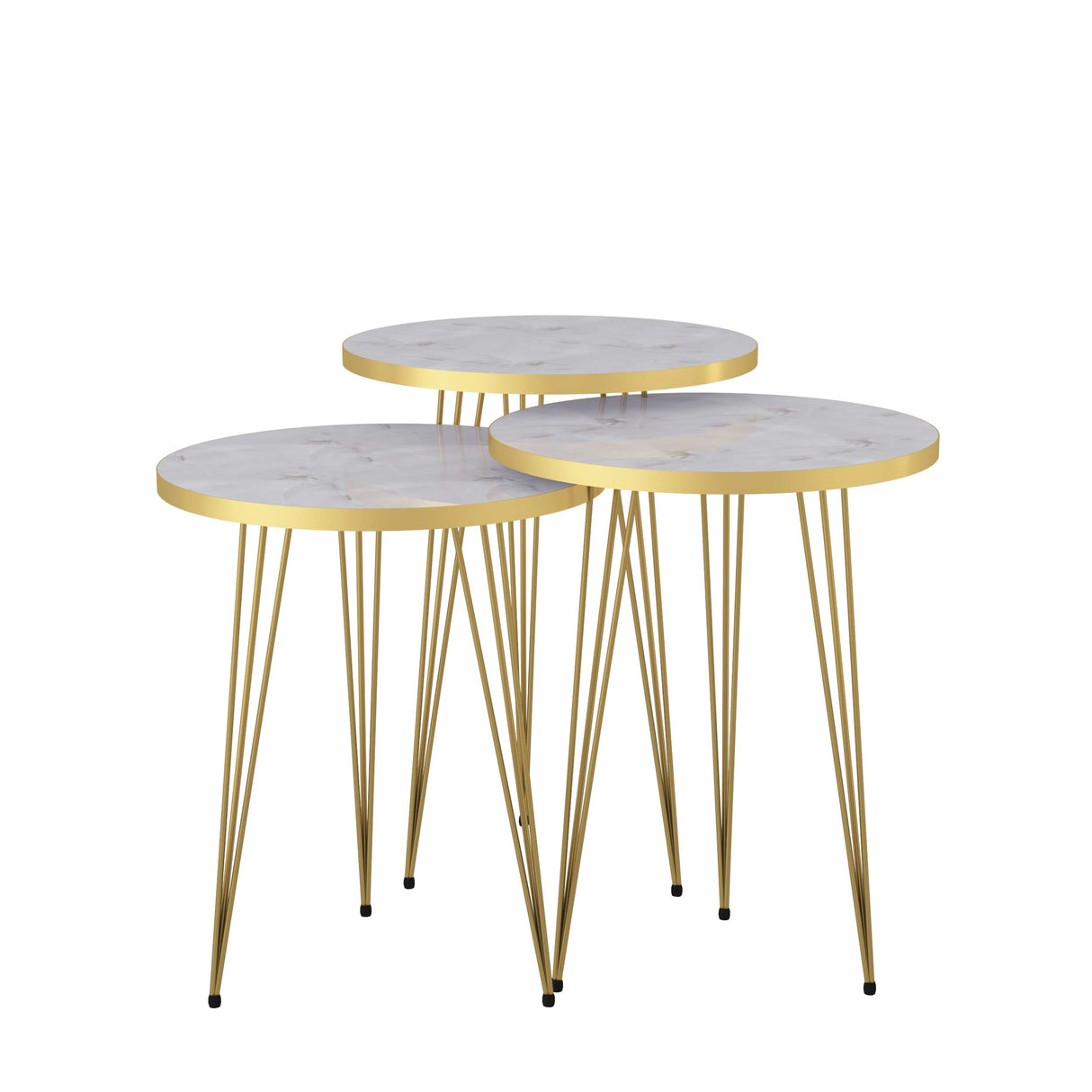 Set of 3 High Gloss White Marble Gold Legs Nesting