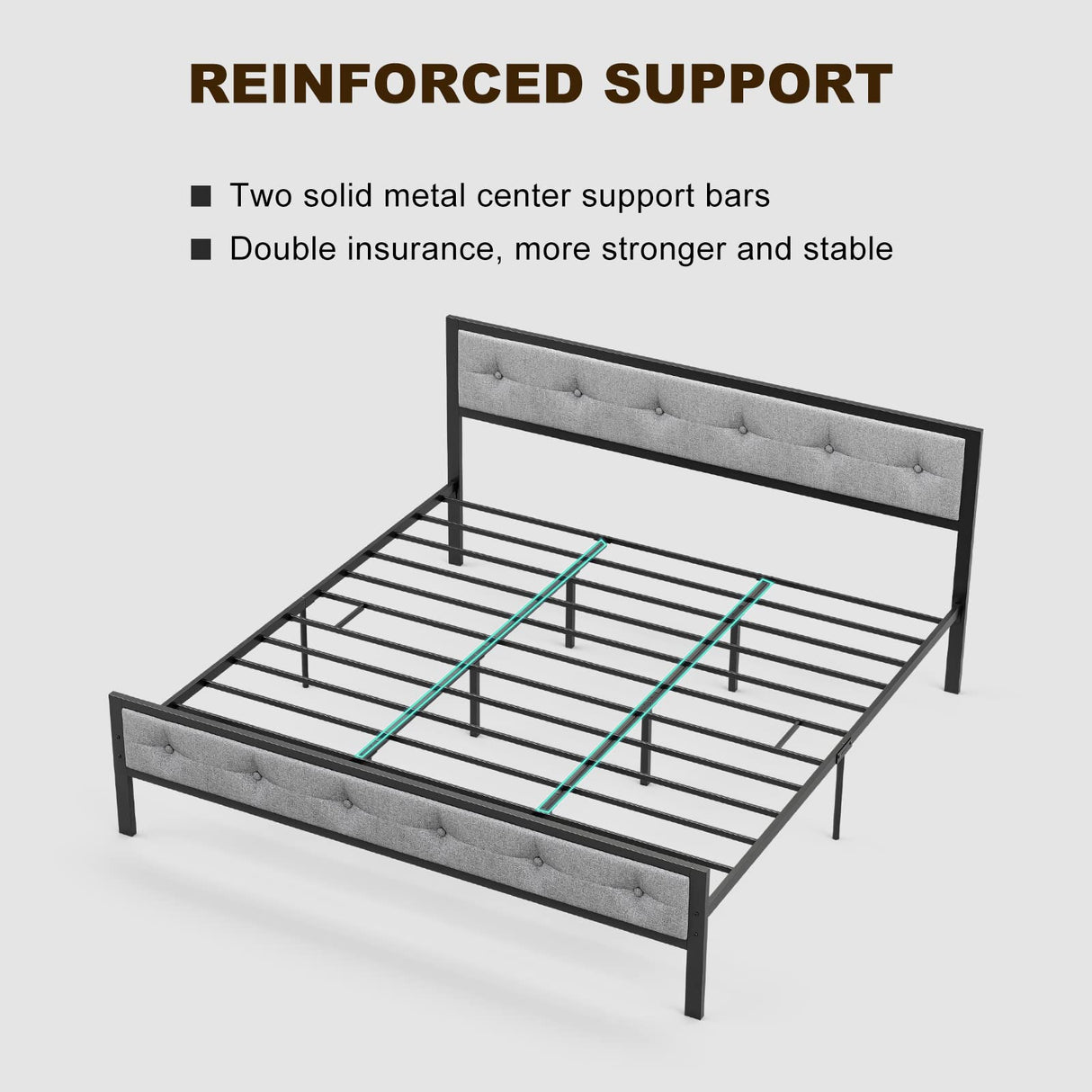 Metal King Size Bed Frame with Upholstered Linen Headboard Footboard