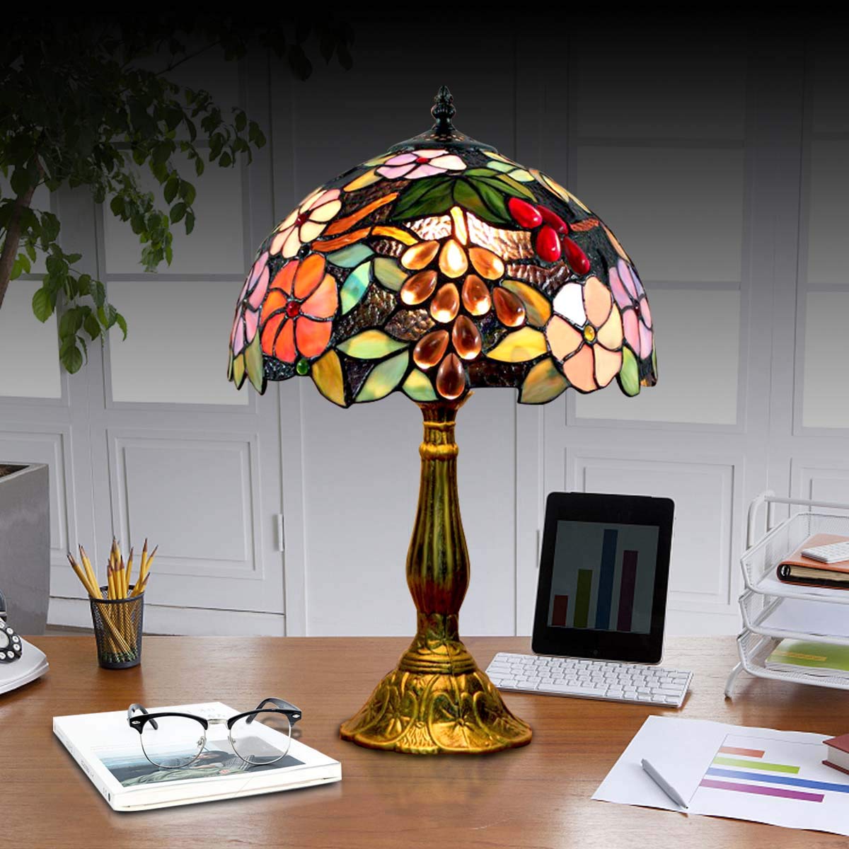 Bedside Table Lamp LED E26 Bulb Tiffany Stained Glass Grape Rose Handmade