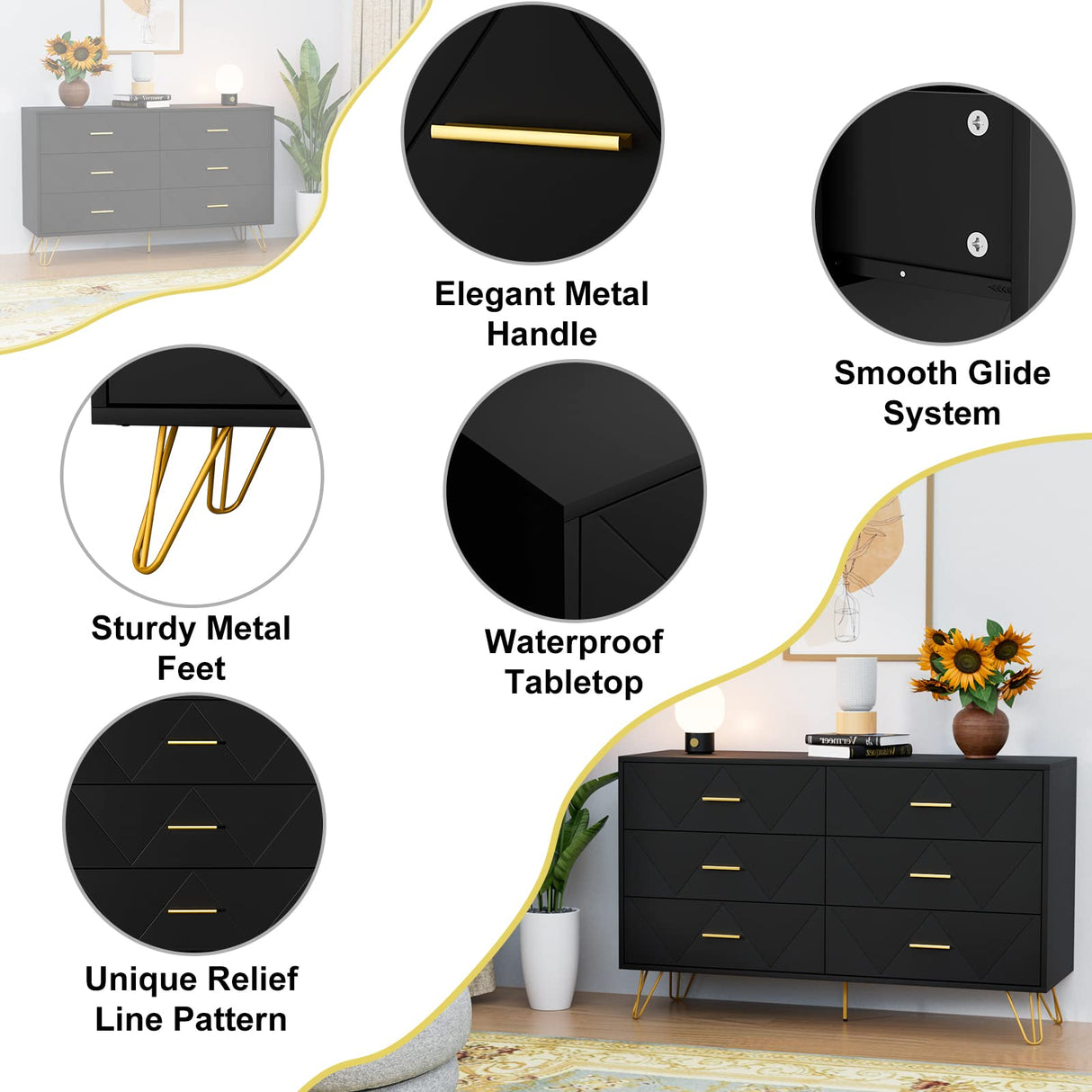 Black Dresser for Bedroom, Modern Dresser for Bedroom, 6 Drawer Double Dresser