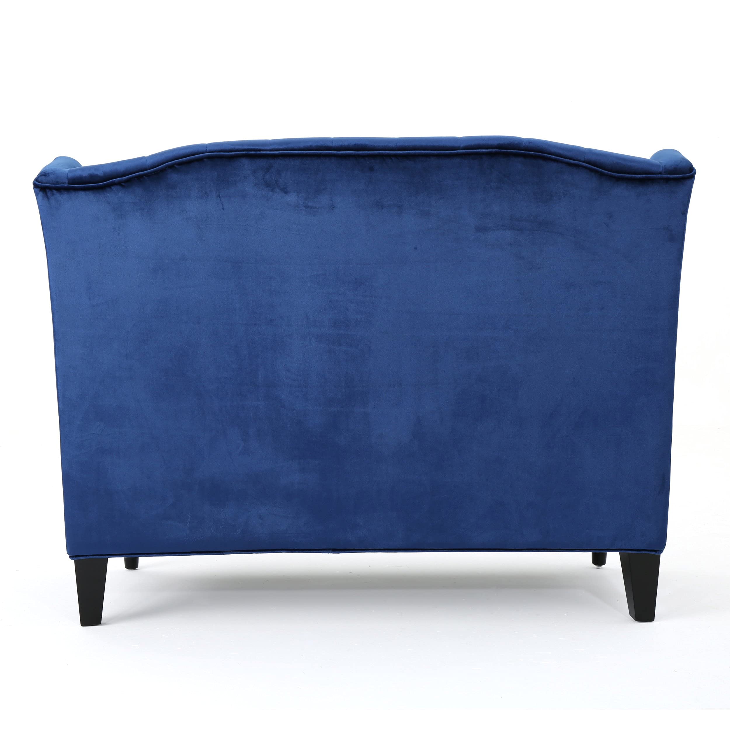 Leora Traditional Tufted Velvet Wingback Loveseat, Navy Blue / Dark Brown