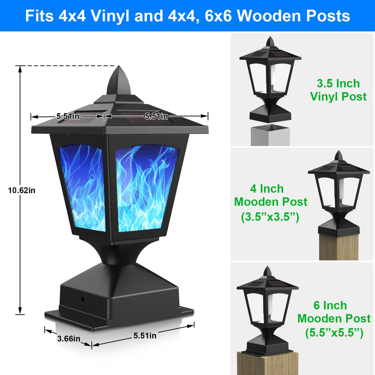 Solar Post Flame Light, Outdoor Deck Fence Post Cap LED Light, Waterproof