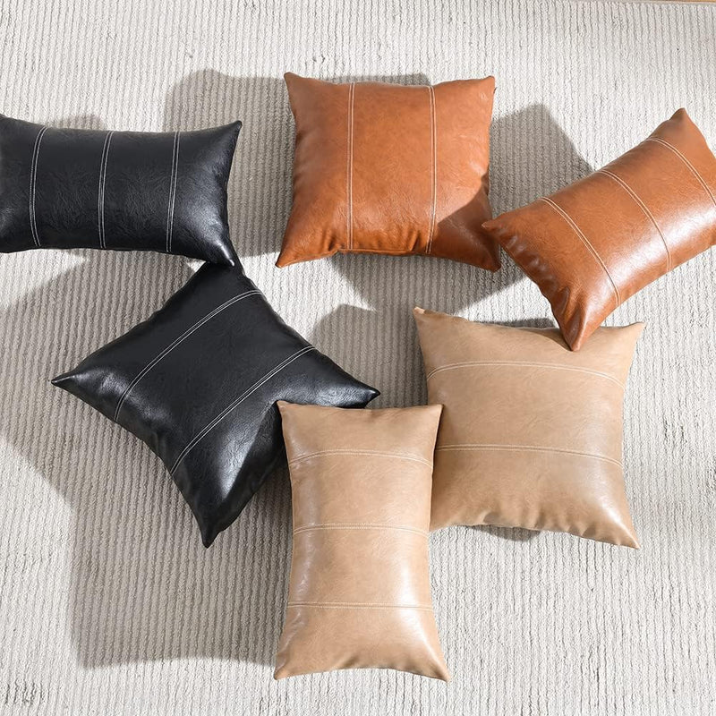 2 Packs Brown Boho Lumbar Faux Leather Decorative Throw Pillow Covers 12x20 Inch