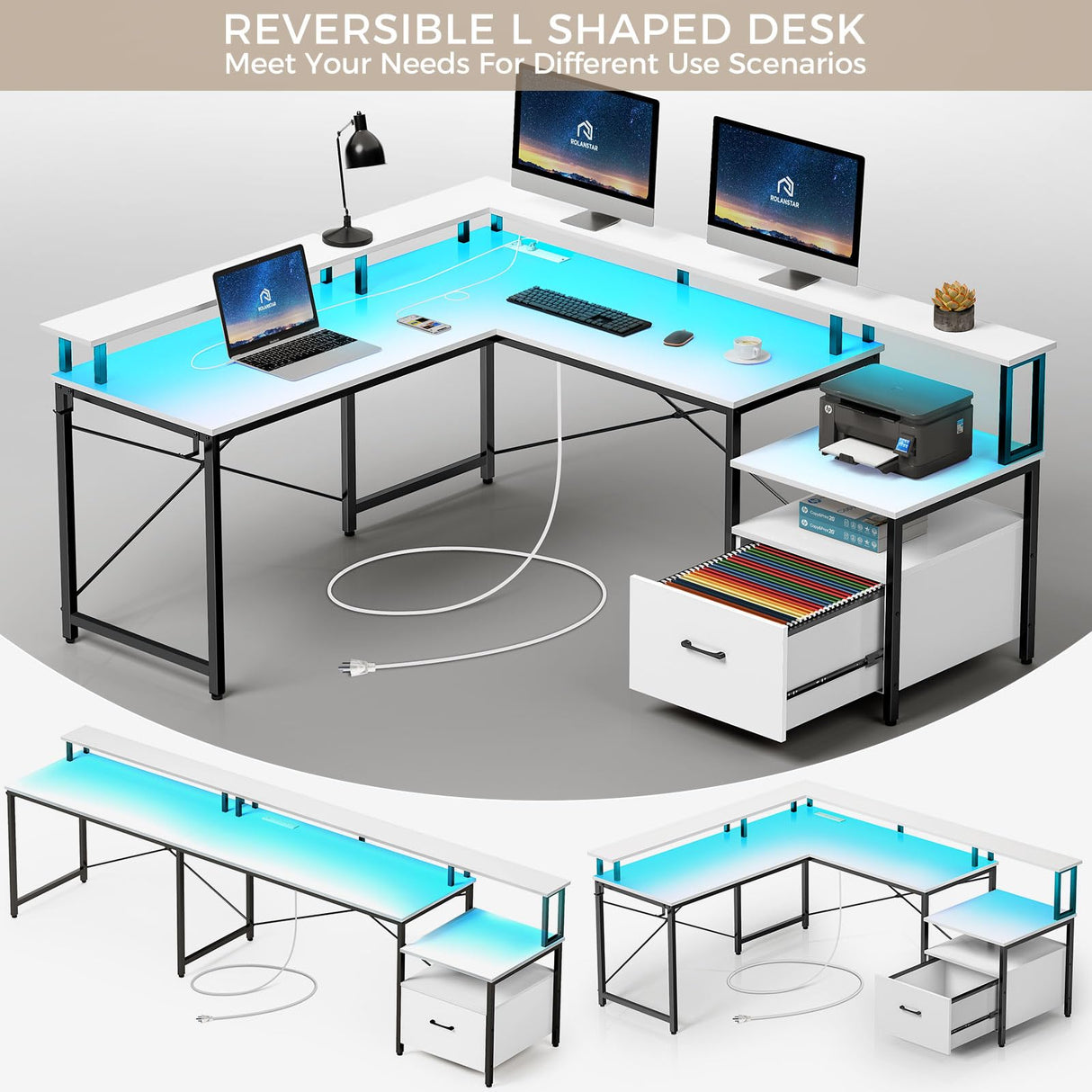 68" L Shaped Desk with Power Outlet & LED Strip