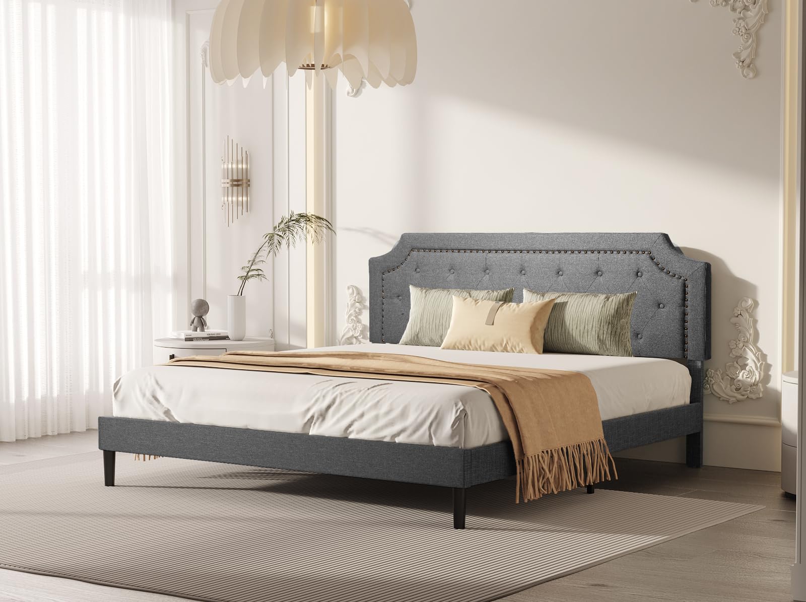 Queen Size Grey Color Bed Frame Upholstered Low Profile Traditional Platform