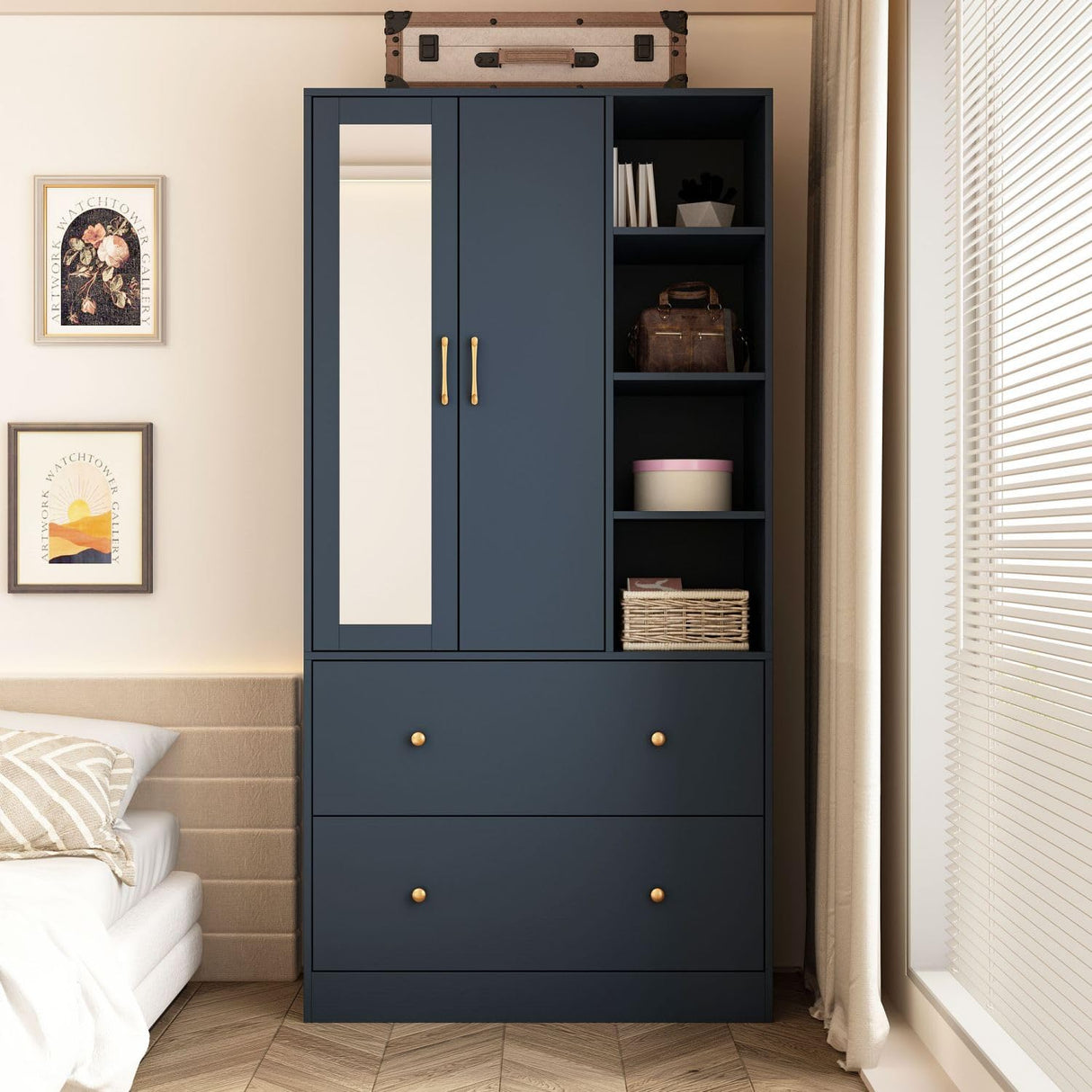 Modern Armoire Wardrobe with Mirror & Sliding Hanging Rod, 2 Door Wardrobe with Drawers & Shelves