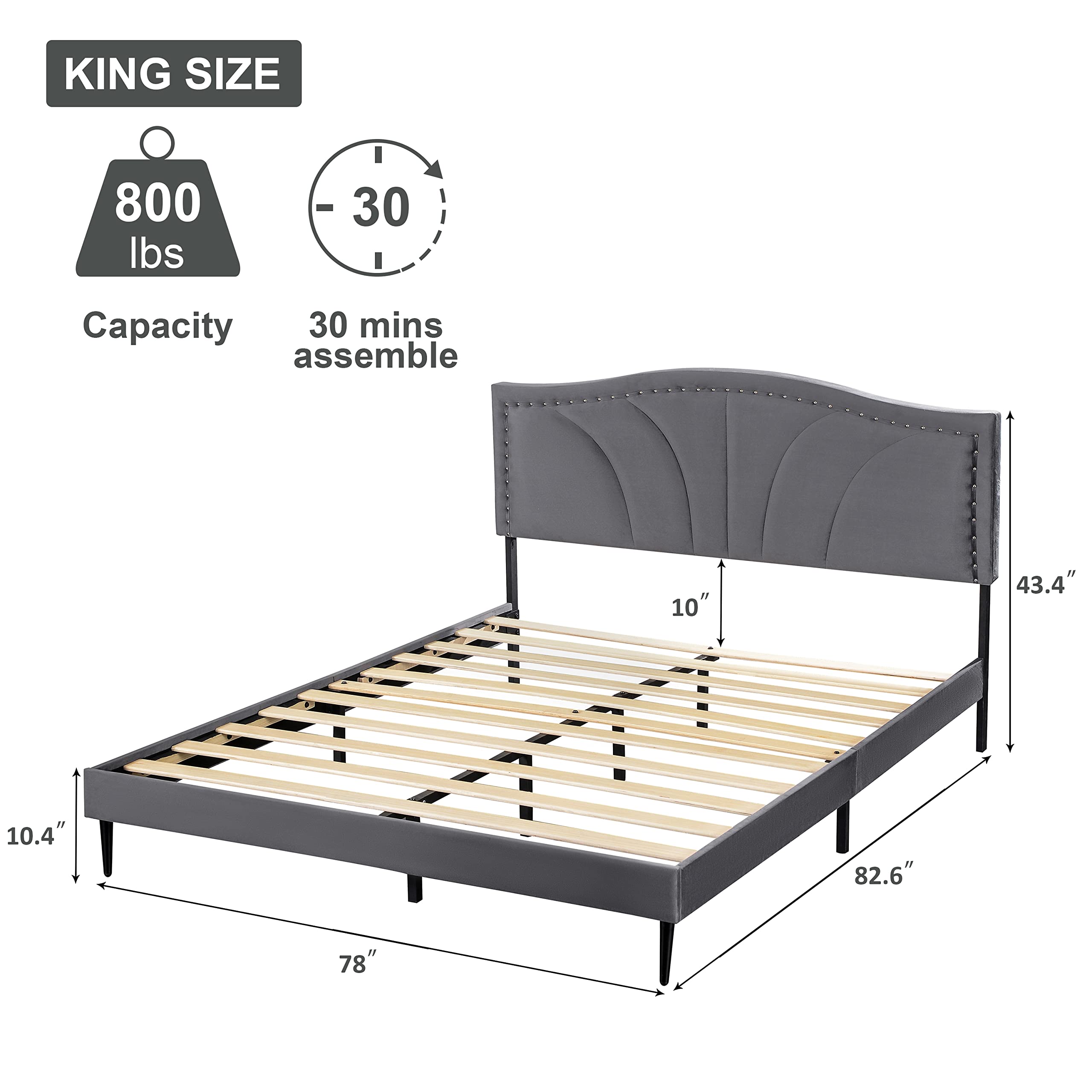 King Size Bed Frame Velvet Upholstered Platform Bed with Decorative Line & Nailhead