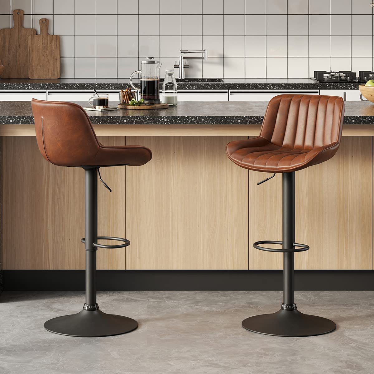 Bar Stools Set of 2, Mid Century Modern Faux Leather