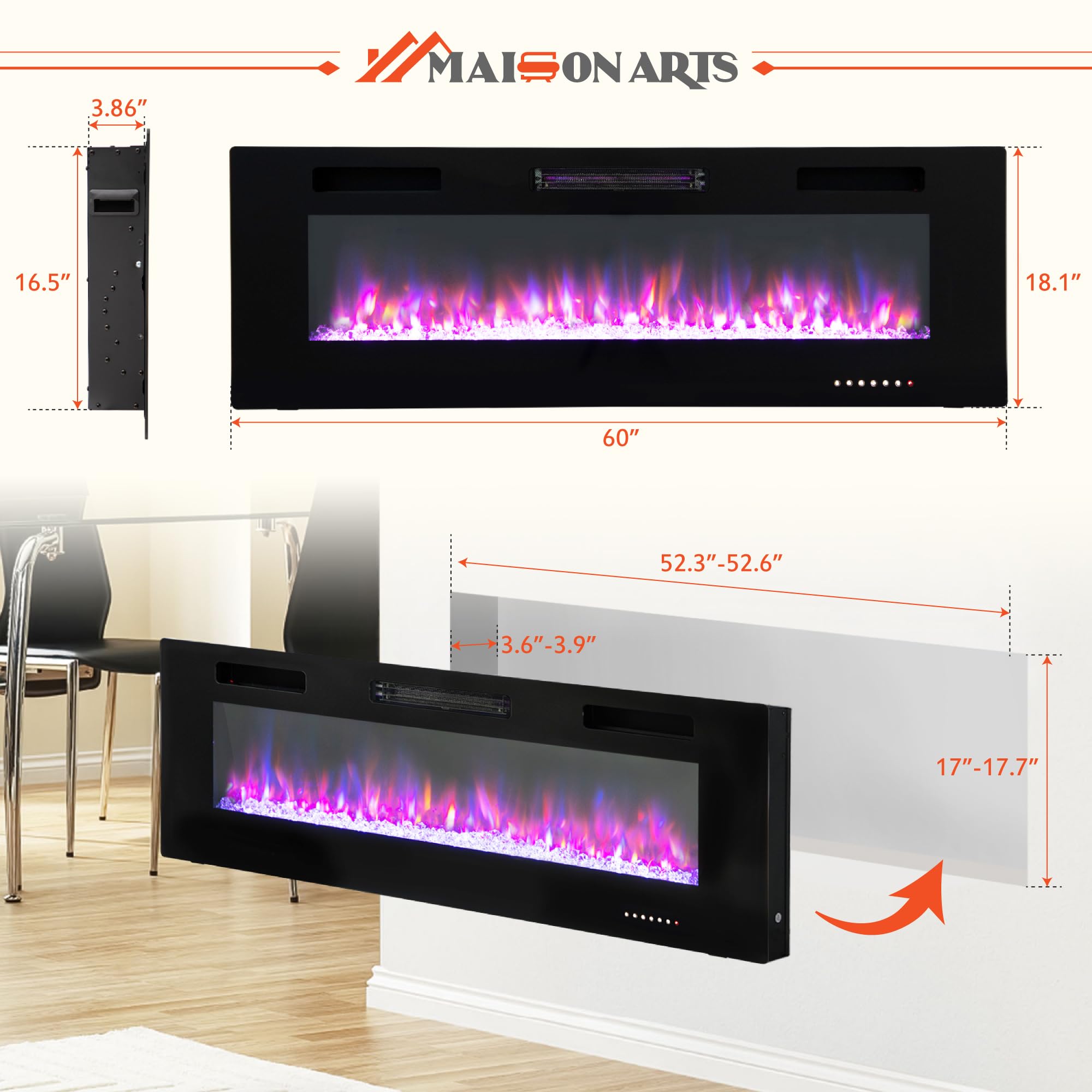 Wall Mounted & Recessed Fireplace Heater with Remote