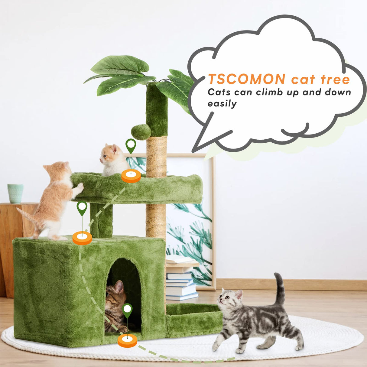 31.5" Cat Tree/Tower for Indoor Cats with Green Leaves, Cat Condo Cozy Plush Cat House