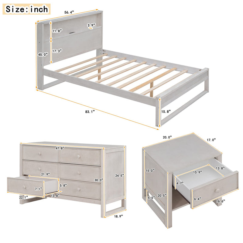 3-Piece Bedroom Set Full Size Wood Platform Bed Frame