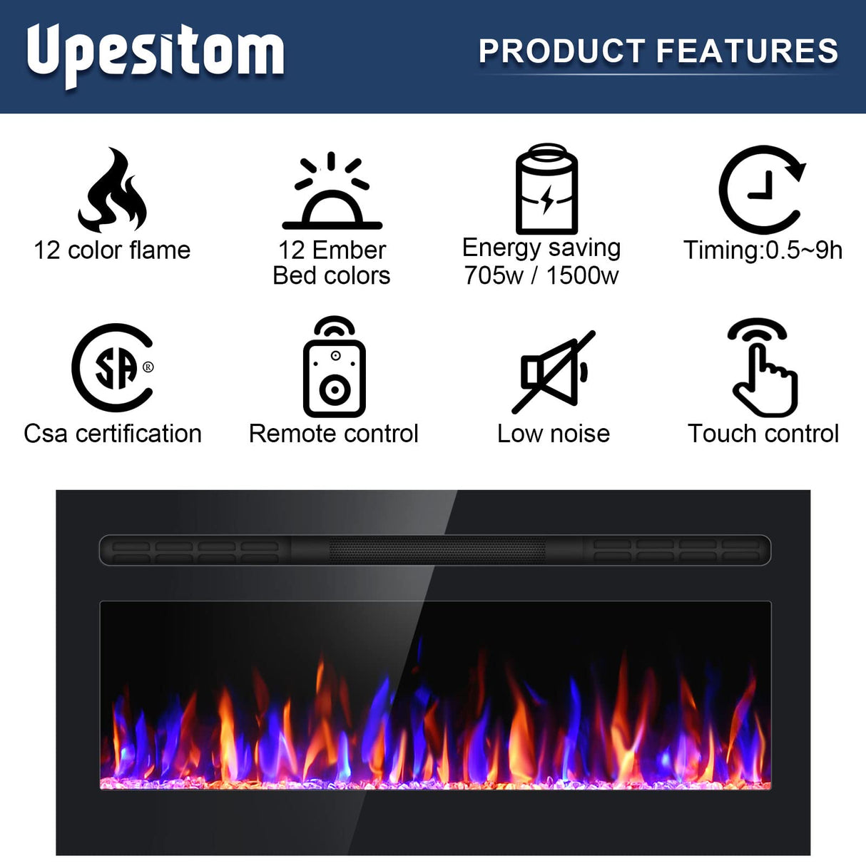 Electric Fireplace 60" Upgrade Fireplace Heater Recessed & Wall Mounted