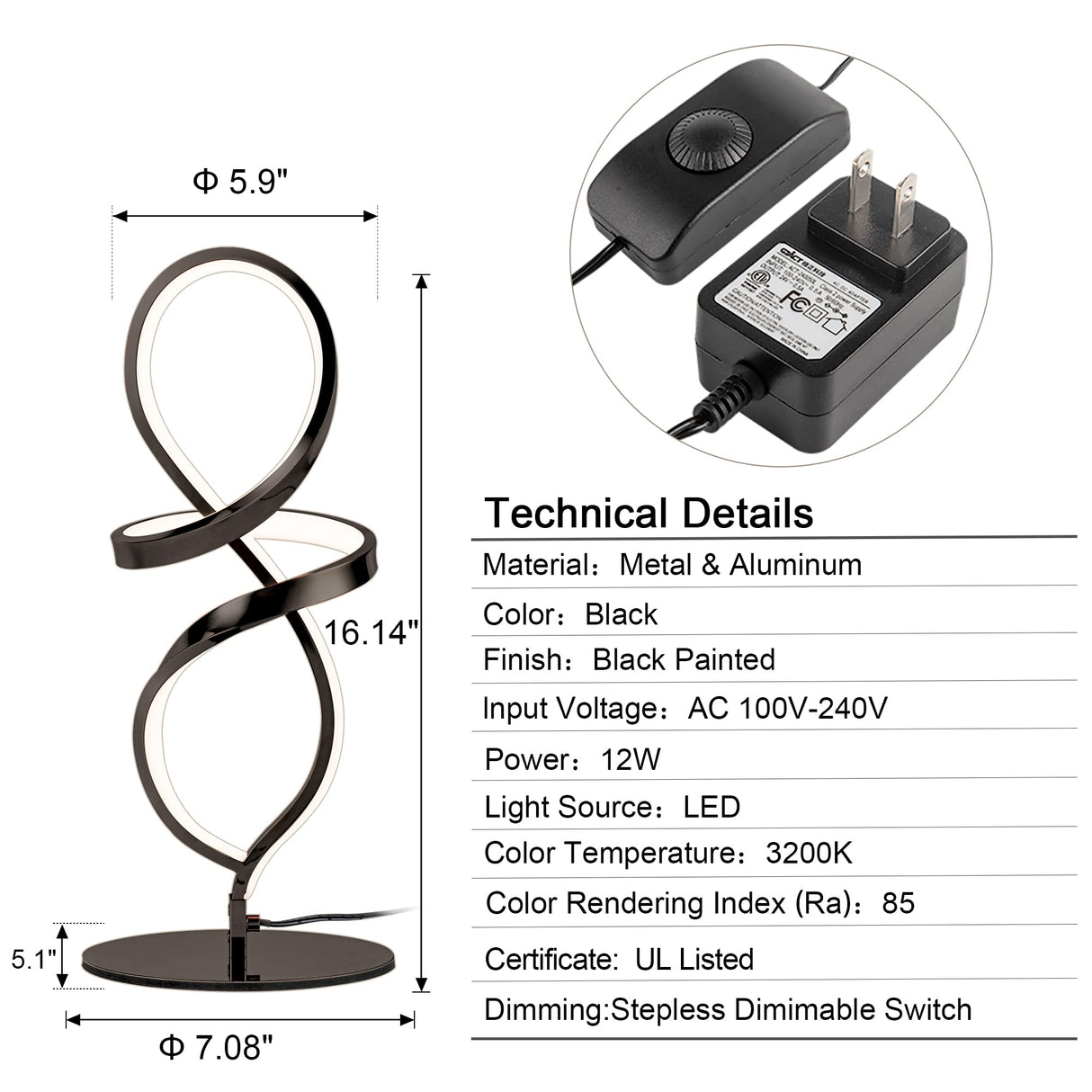 Modern Table Lamp, LED Spiral Lamp, Black Bedside Lamp with Stepless Dimming Switch