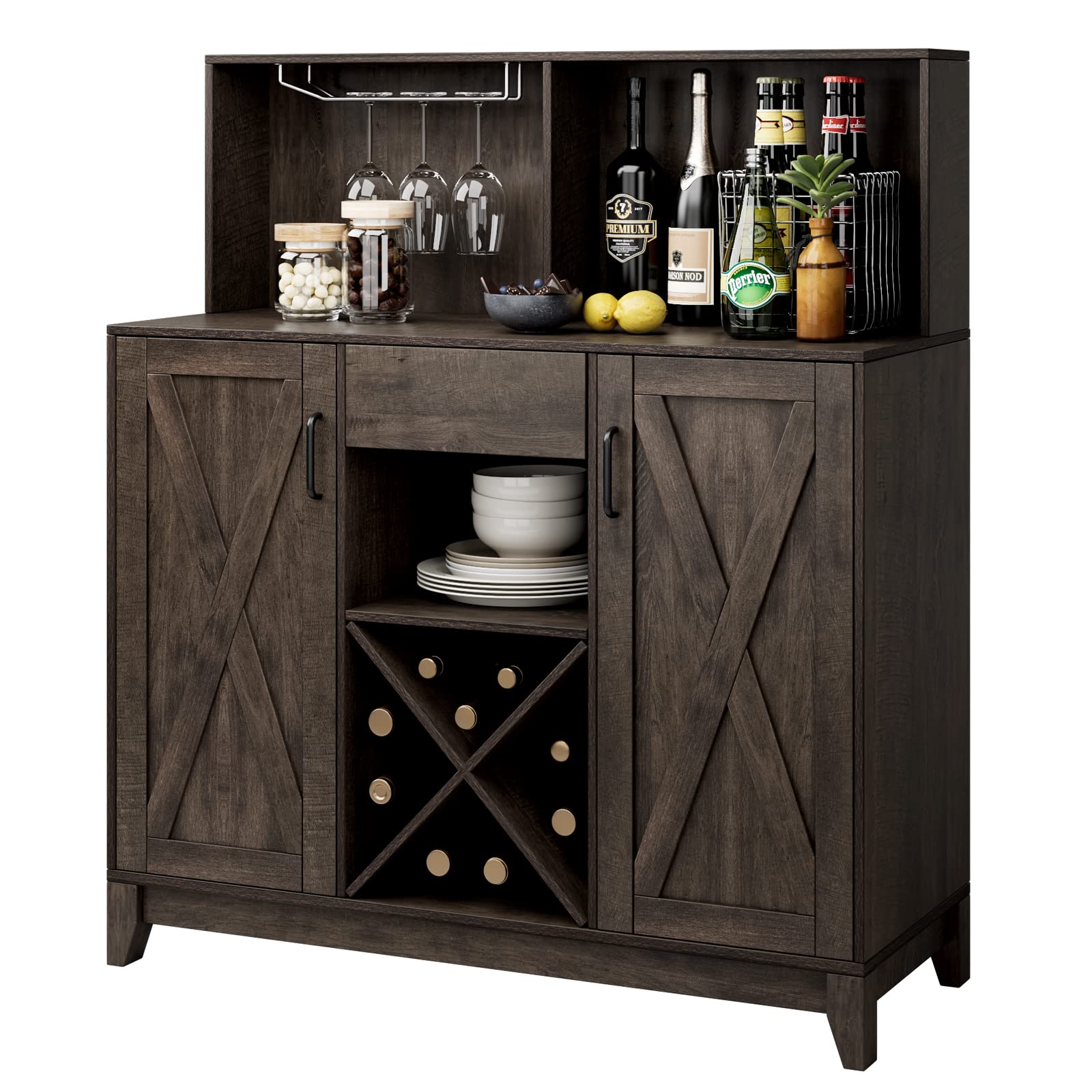 Wine Bar Cabinet for Liquor and Glasses, Barn Doors Wine Cabinet