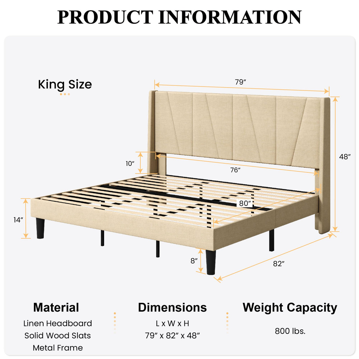 King Size Bed Frame with Geometric Wingback Headboard, Upholstered Platform Bed