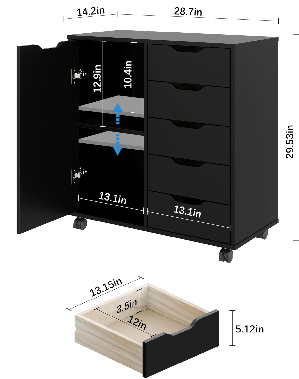 5-Drawer Chest with 1 Door, Wooden Chest of Drawers Storage Dresser Cabinet