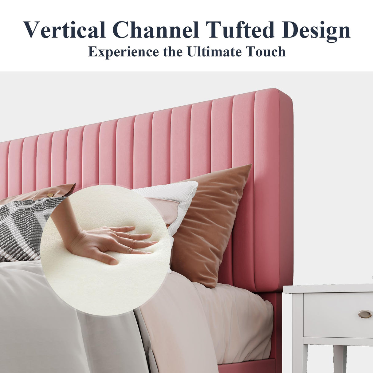 Velvet Upholstered Platform Bed with Adjustable Vertical Channel Tufted Headboard