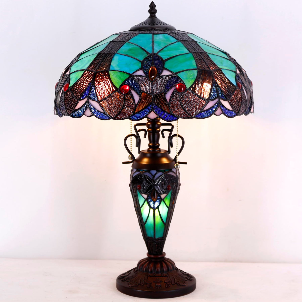 Tiffany Style Table Lamp Green Stained Glass Liaison Mother