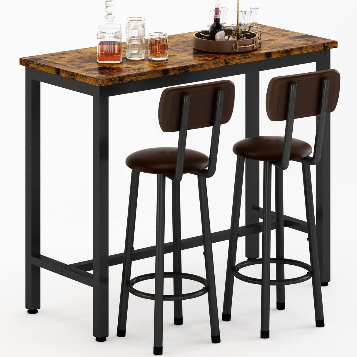 Bar Table Set of 2,39.3" Pub Height Table & 2 PU Upholstered Stools