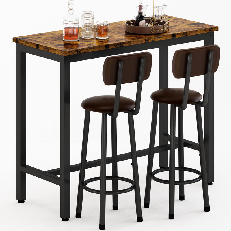 Bar Table Set of 2,39.3" Pub Height Table & 2 PU Upholstered Stools with Backrest