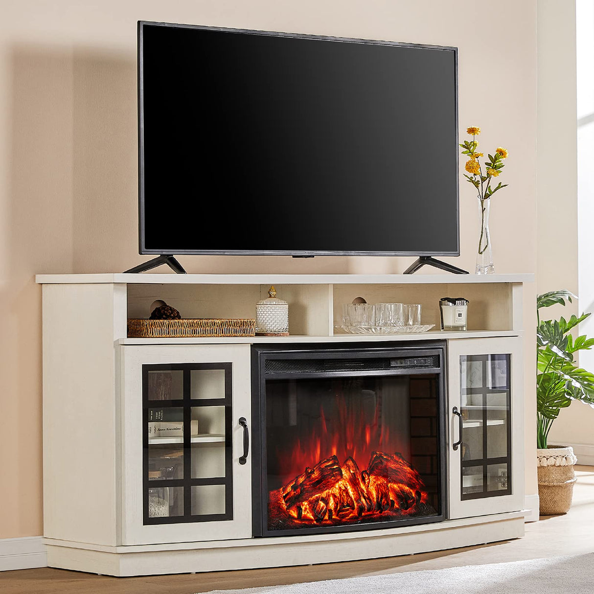 Curved TV Cabinet with 26 Electric Fireplace for TVs up to 65