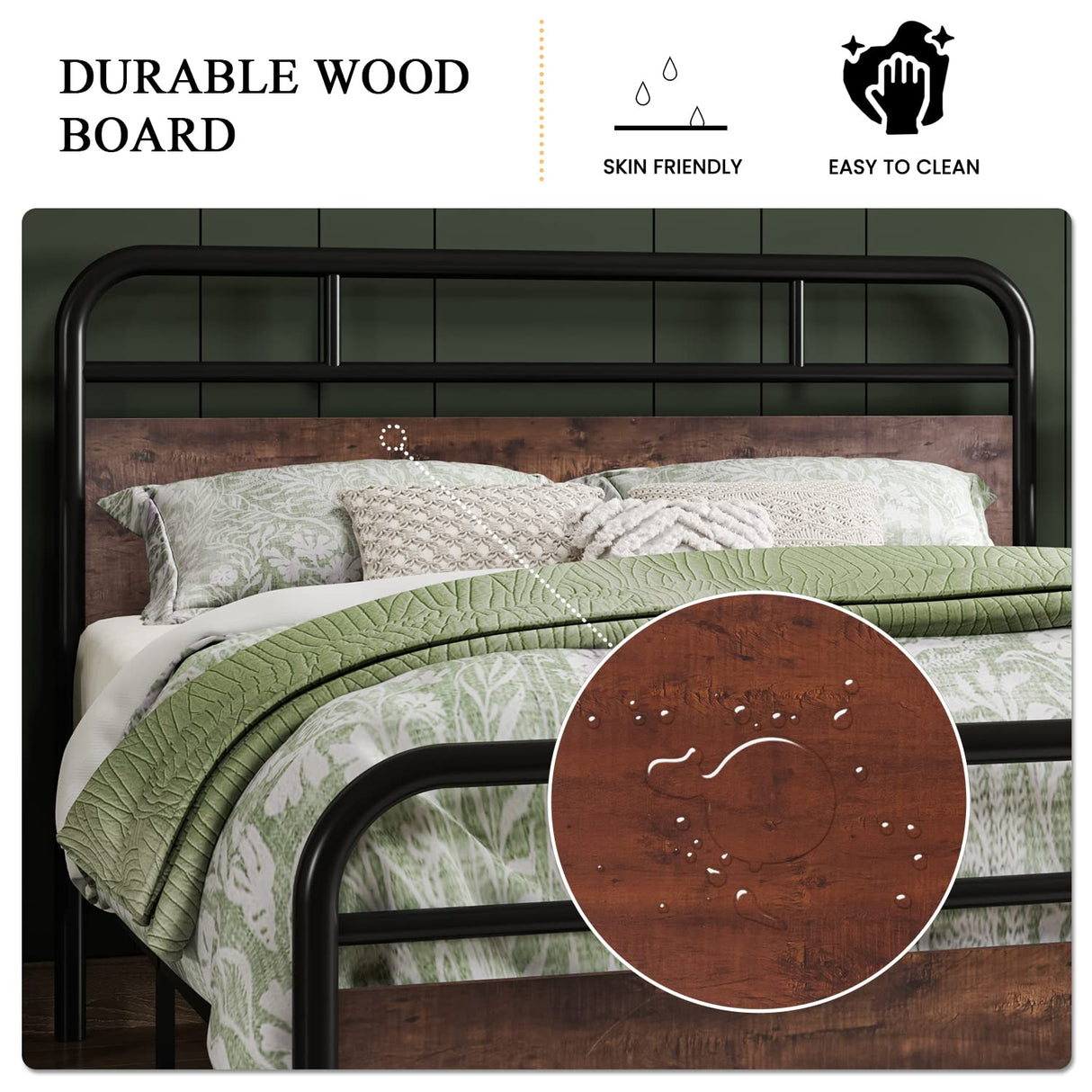 Queen Size Metal Bed Frame with Round Wooden Headboard and Footboard