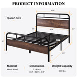 Queen Size Metal Bed Frame with Round Wooden Headboard and Footboard