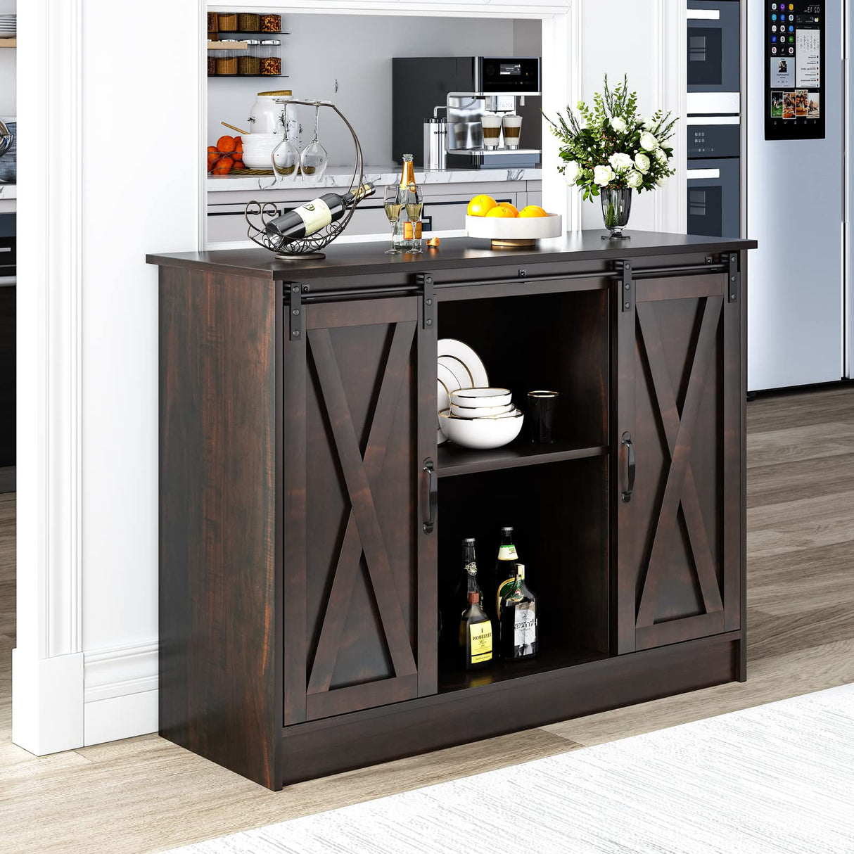 Farmhouse Coffee Bar, Wood Coffee Bar Cabinet with Sliding Barn Doors