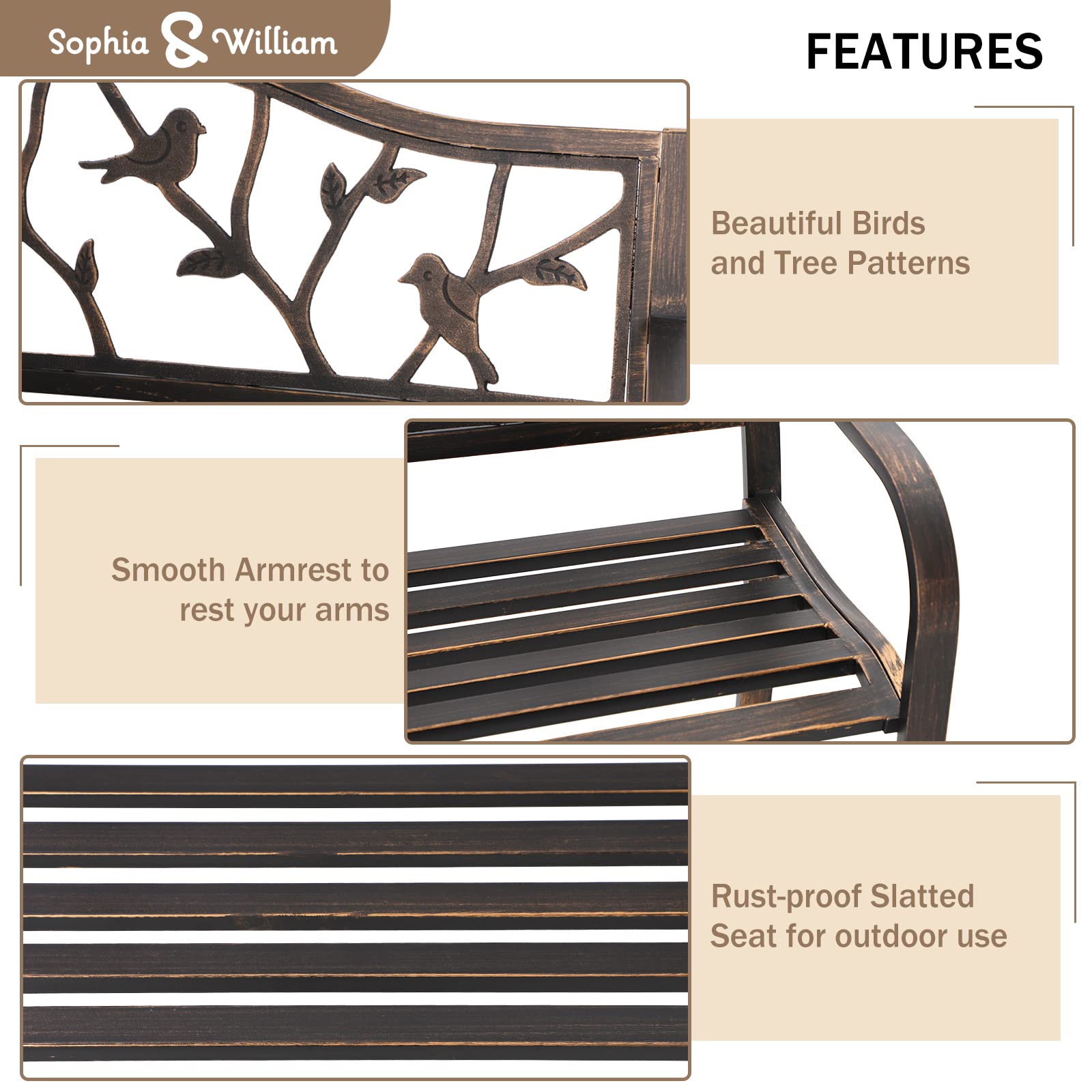 Outdoor Garden Park Bench Patio , Bench with Backrest and Armrests