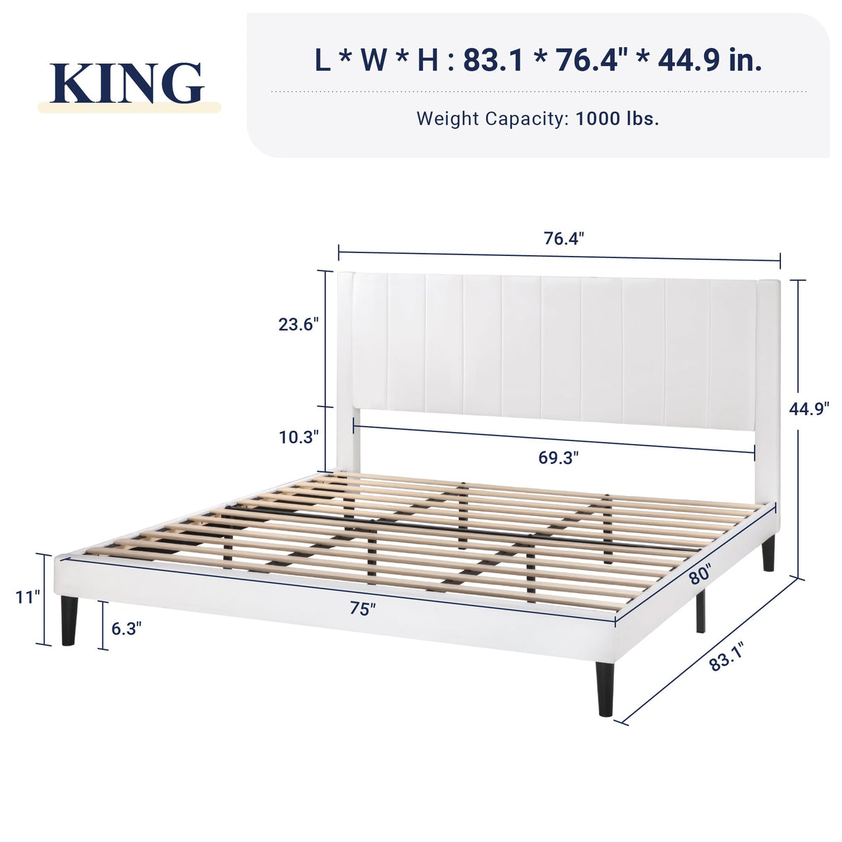 King Bed Frame/Velvet Upholstered Bed Frame with Vertical Channel Tufted Headboard