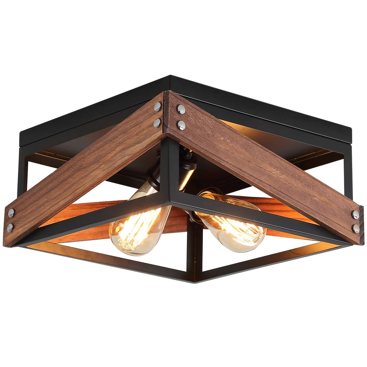 Rustic Industrial Flush Mount Light Fixture Two-Light Metal and Wood Square Flush Mount Ceiling Light