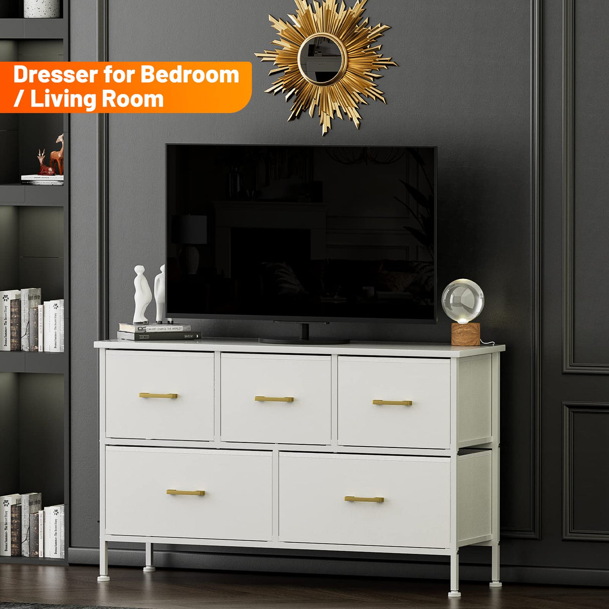 Dresser for Bedroom with 5 Drawers, White Dresser for Closet, Living Room