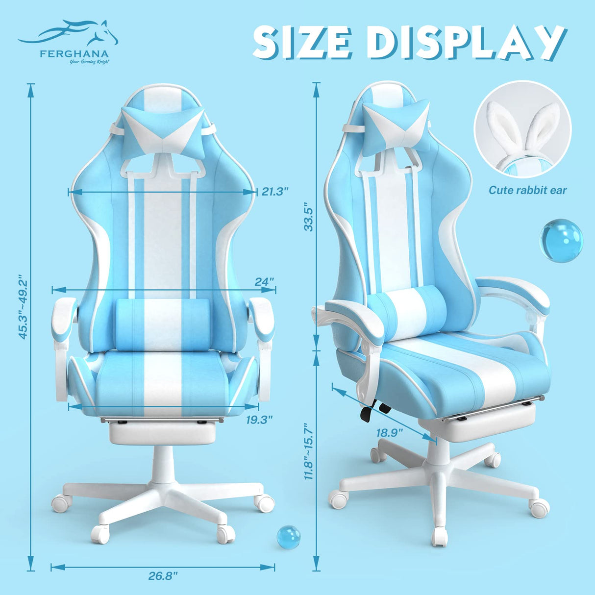 Light Blue Gaming Chair with Bunny Ear, Cute Massage Gaming Chairs for Adults & Teens