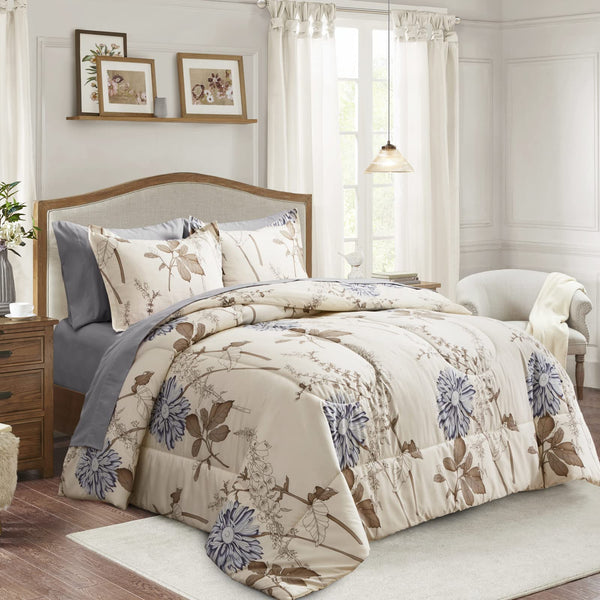 7 Piece Bed in a Bag Queen, Elegant Flower Botanical Smooth Soft Microfiber Floral Comforter Set