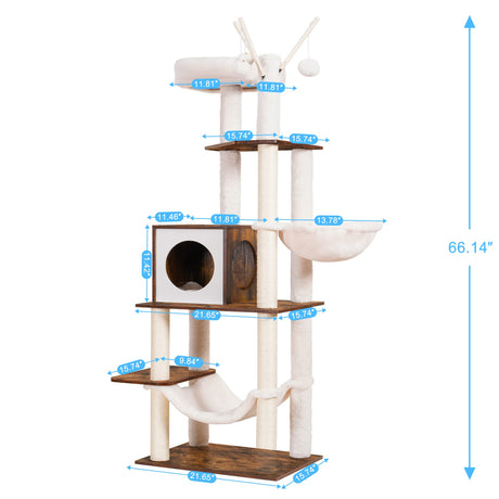 Wooden Cat Tree, 66.1“ Cat Furniture with Scratching Posts, Modern Cat Tower